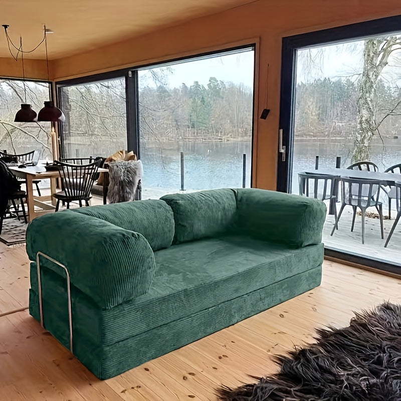 KERDOM 78" Convertible Corduroy Sleeper Sofa Bed - 3-Person Green Space-Saving Love Seat with Pull-Out Bed, High-Rebound Density Foam, Stainless Steel Frame & Spliced Block Design for Living Room, Apartments, Guest Sleeping S