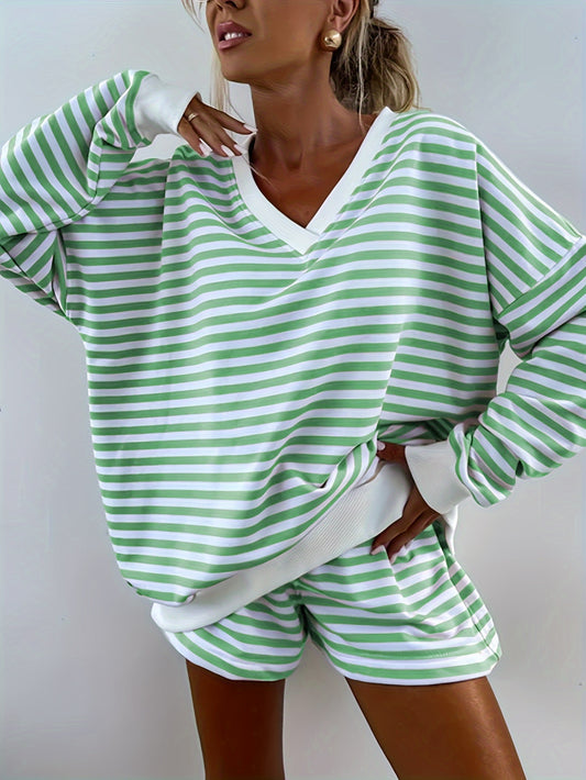 Women's Striped Print& Color Block V-Neck Casual Set with Ribbed Cuffs- Comfy Polyester Outfit, Machine Washable, Perfect for Fall/Winter