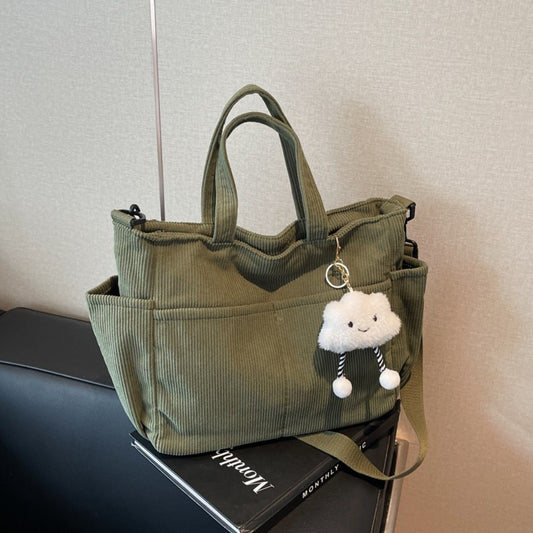 Large Capacity Corduroy Shoulder Bag for Women, Adjustable Strap, Zip Closure, Machine Washable - Ideal for Daily Commute and School