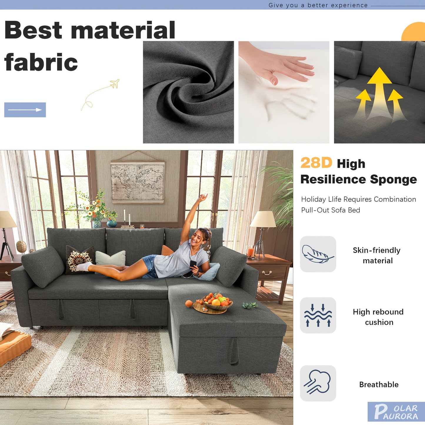 [Pull Out Couch] Polar Aurora Sleeper Soft Bed - Convertible Iron Frame Futon Sofa with Storage Chaise - For Living Room/Apartment/Office (Linen L-Shape, Dark Gray)