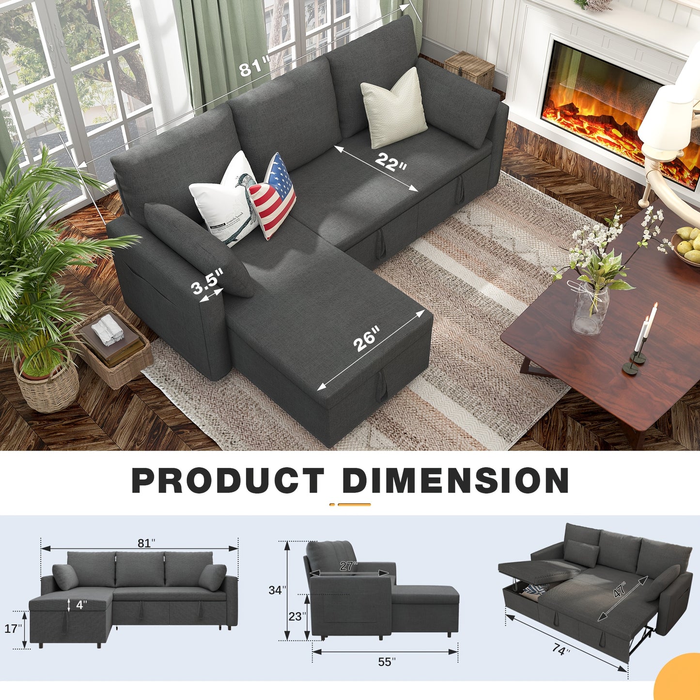 [Pull Out Couch] Polar Aurora Sleeper Soft Bed - Convertible Iron Frame Futon Sofa with Storage Chaise - For Living Room/Apartment/Office (Linen L-Shape, Dark Gray)