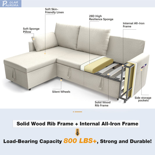 [Pull Out Couch] Polar Aurora Sleeper Soft Bed - Convertible Iron Frame Futon Sofa with Storage Chaise - For Living Room/Apartment/Office (Linen L-Shape, Dark Gray)
