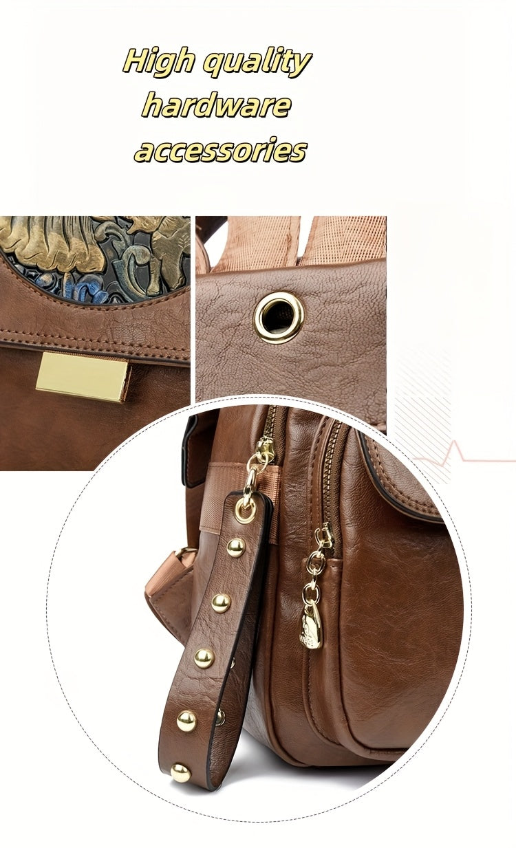 Vintage Boho-Chic Large Tote Bag - Soft Faux Synthetic, Spacious & Lightweight for Travel and Commuting, Adjustable Shoulder Strap, Zipper Closure, Black with Mandala & Eagle Design, Large Tote Ba