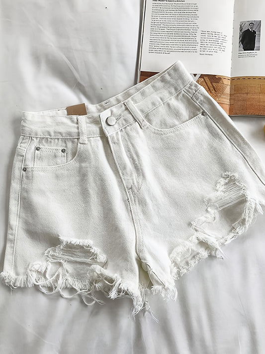 Women's High Waist Ripped Jeans Shorts - Casual Summer Denim-Style A-Line Cut with Button Closure, Machine Washable Non-Stretch Fabric for Spring/Summer Outfits, Denim Shorts
