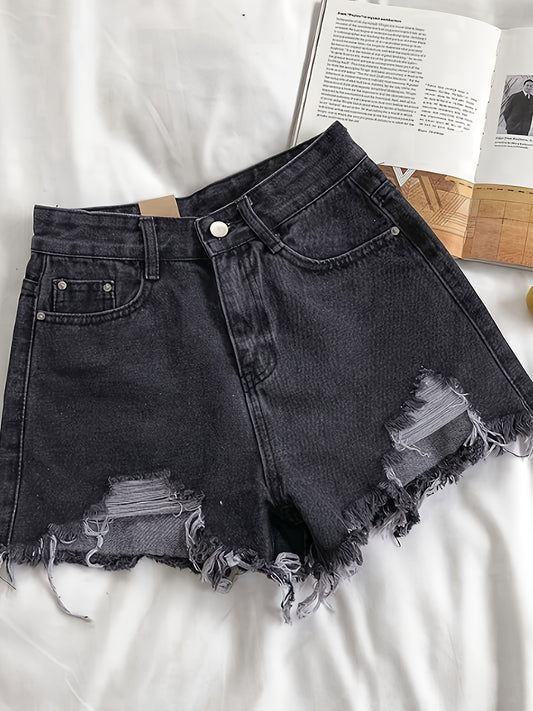 Women's High Waist Ripped Jeans Shorts - Casual Summer Denim-Style A-Line Cut with Button Closure, Machine Washable Non-Stretch Fabric for Spring/Summer Outfits, Denim Shorts