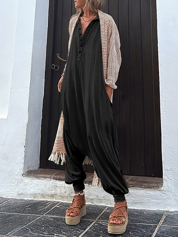 2024 New Women's Solid Color V-neck Button Up Hooded Side Pocket Jumpsuit, Long Sleeved Loose Fitting Jumpsuit