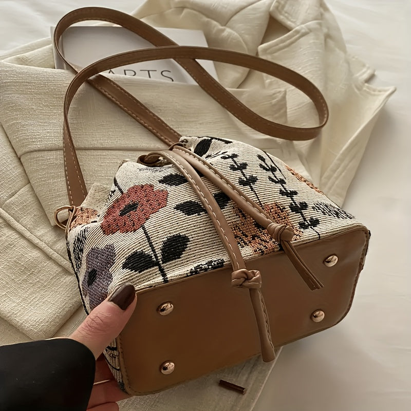 Women's Floral Print Bucket Bag with Adjustable Drawstring Closure - Spacious Crossbody Handbag, Polyester Lined for Casual & Formal Occasions, Crossbody Purse