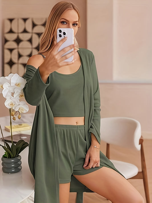 3pcs Casual Pajama Set [outer Robe, Vest, And Shorts]