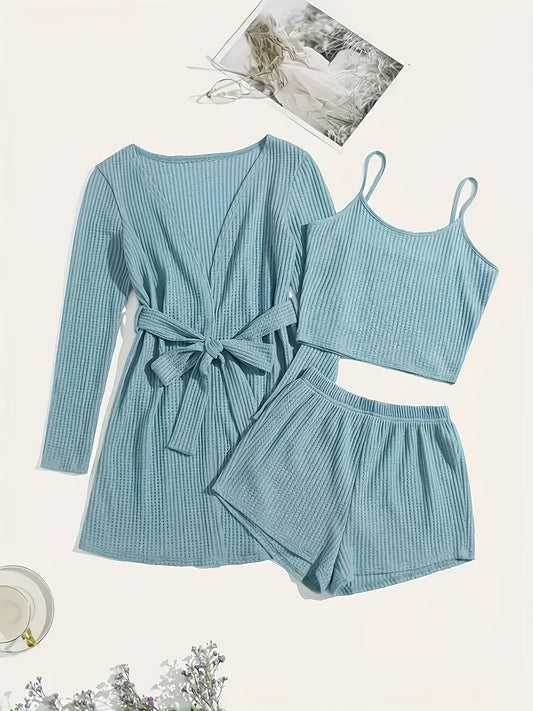 3pcs Casual Pajama Set [outer Robe, Vest, And Shorts]