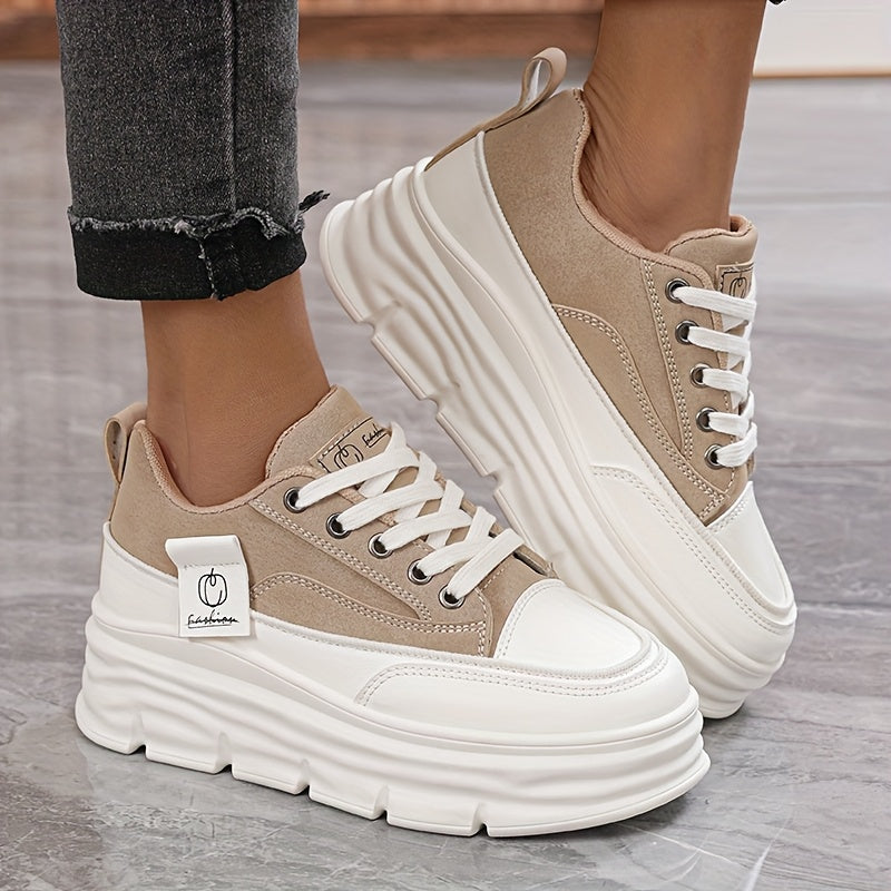 Women's Casual Low-Top Running Shoes - Versatile White & Brown Design, Lace-Up, Comfortable EVA Insole, Durable PVC Sole, Perfect for Casual Attire, Students, and Office Use, Student Sneakers | Modern Sneakers | Synthetic Cov